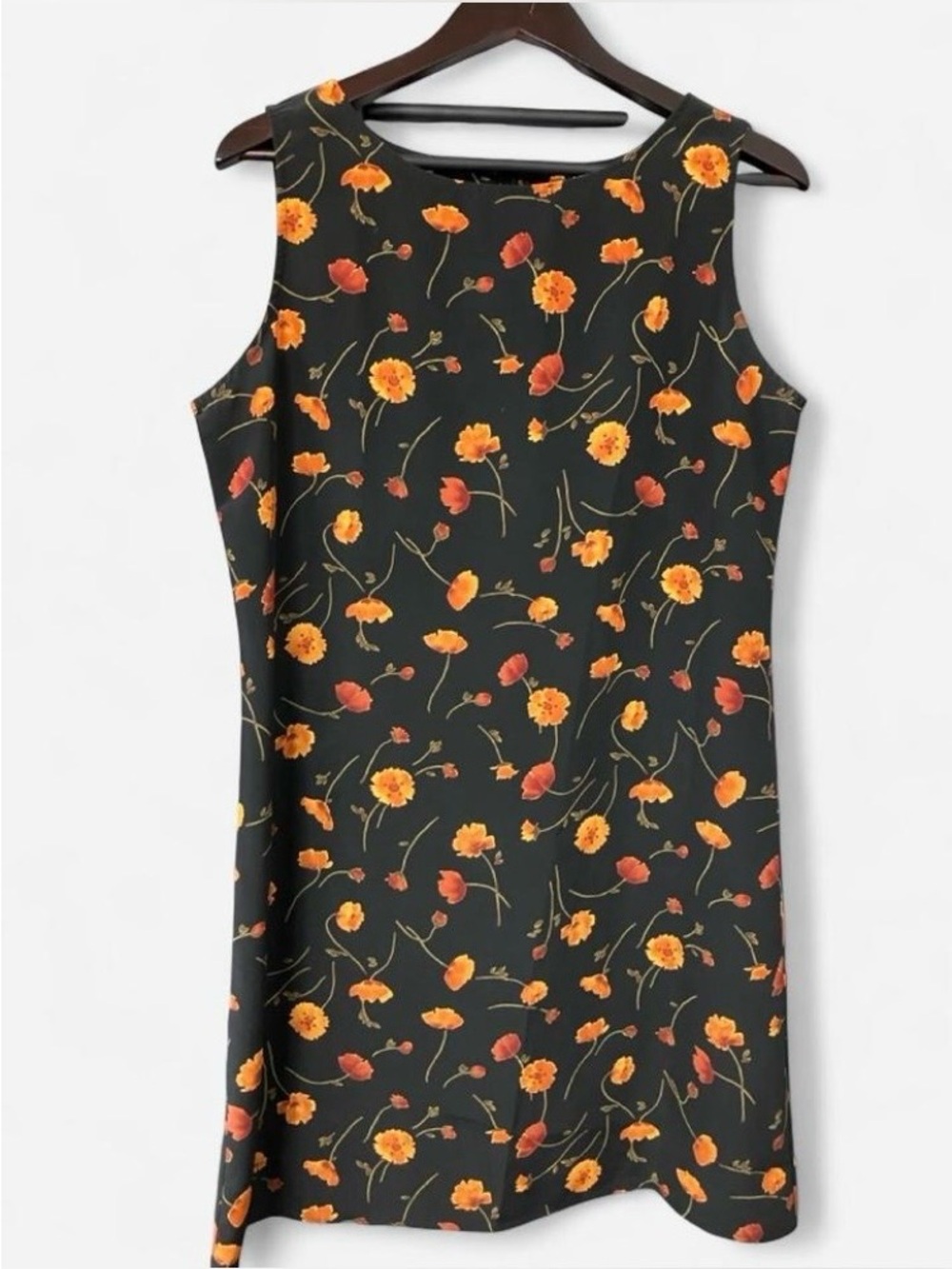 Women's Black Floral Shift Dress Orange Poppy Print Size 12
